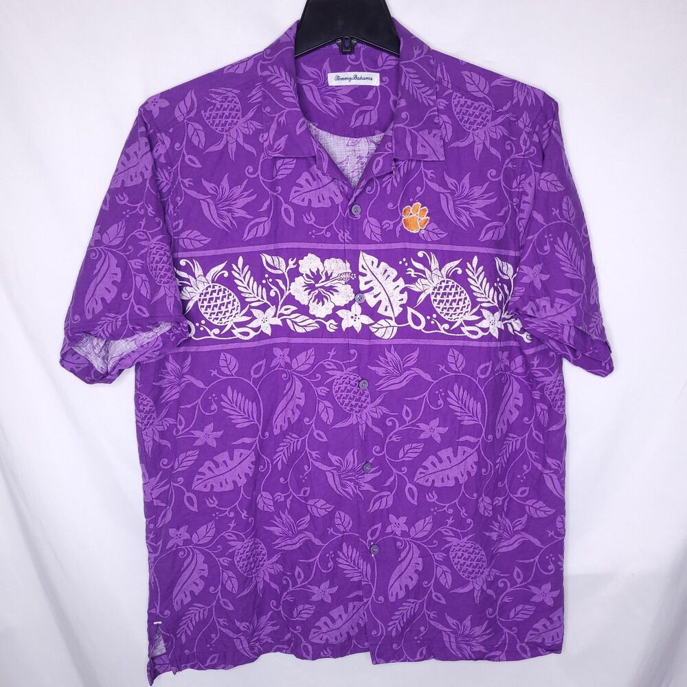 Tommy Bahama Silk Hawaiian Shirt Mens Large Floral Purple Clemson Tigers